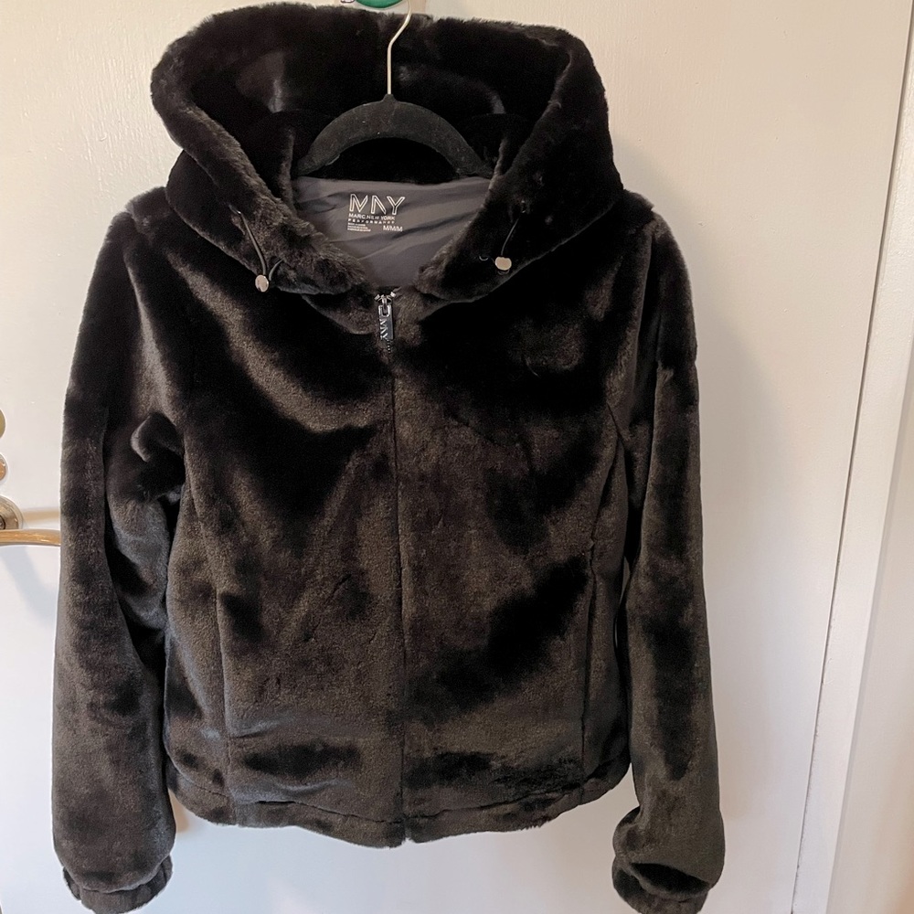 NWOT Black Faux Fur Hooded BomberJacket, Size Medium.